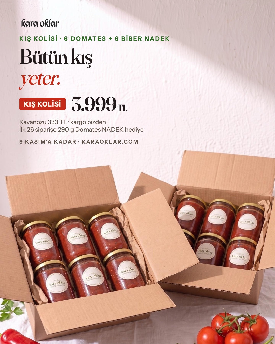 Kış Kolisi 3.999 TL: kavanozu 333 TL, ilk 26 siparişe 290 g hediye